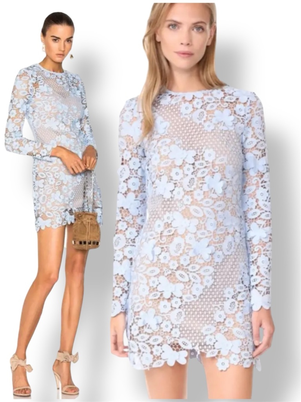 Self-Portrait Light Blue 3D Floral Guipure Lace Mini Dress Size US 4 / UK